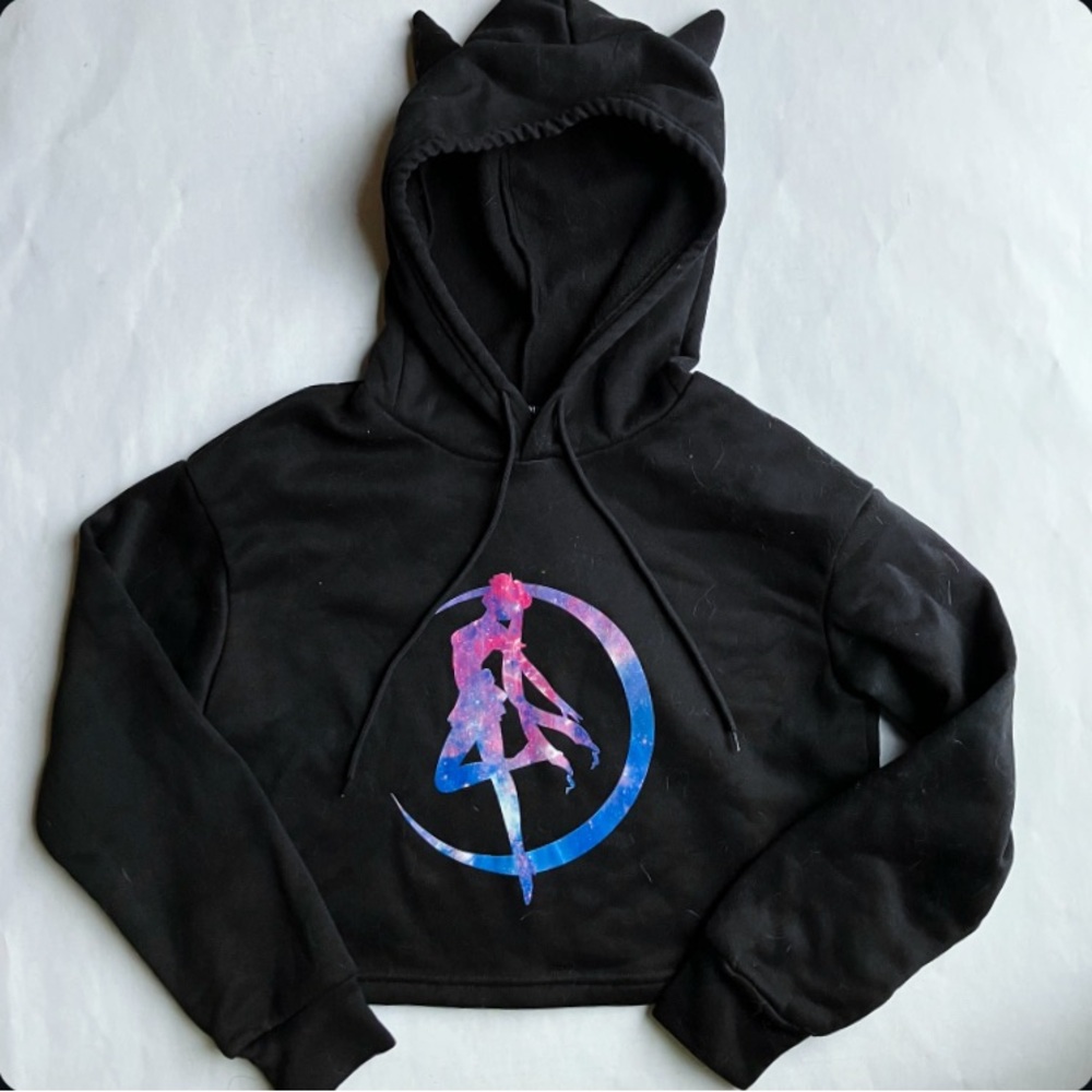 Sailor Moon Galaxy Print Black Cropped Cat Ear Pull Over Hoodie